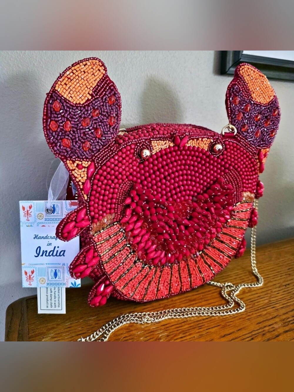 Handcrafted in India Red Crab Gold Eyes Beaded Crossbody Bag Tiktok Viral